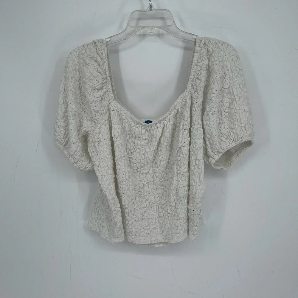 Old Navy Women's White Puff Sleeve Popcorn Textured Floral Boho Blouse Size L